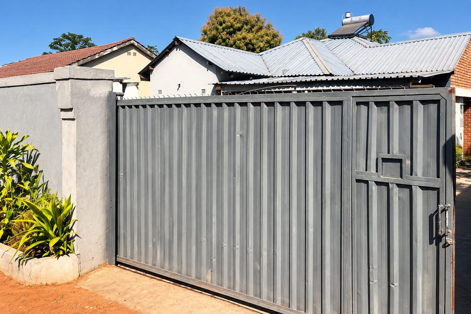 Grey steel entrance gate and boundary wall at Fallsview Guest House, with the roofs of the guest house behind